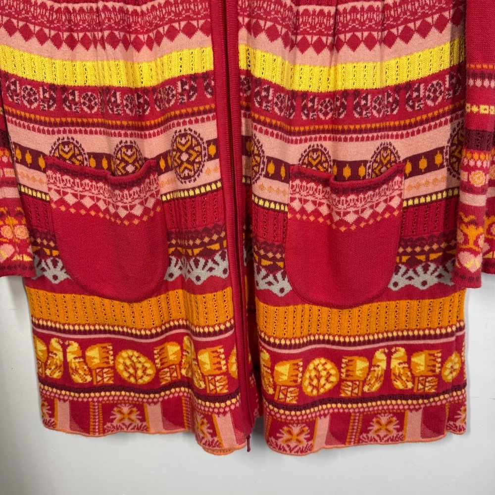 KOOI Knit Vibrant Red Orange Patterned Cardigan Nordic Fair Isle Zip Cotton - Picture 6 of 16